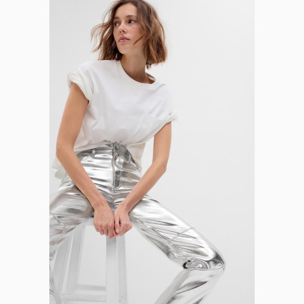 Gap Cheeky Straight High Rise Silver Vegan Leather Pants Size 28 - Picture 3 of 14
